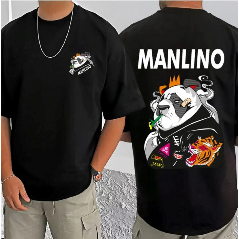 Men's Casual Cotton Blend Printed Round Neck Half Sleeve T-Shirt (Black)