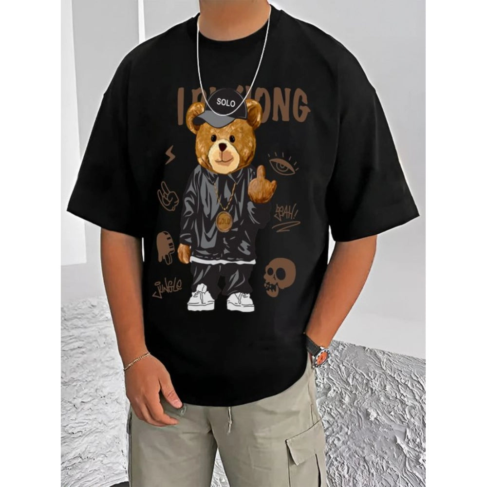 Men's Casual Cotton Blend Printed Round Neck Half Sleeve T-Shirt (Black)