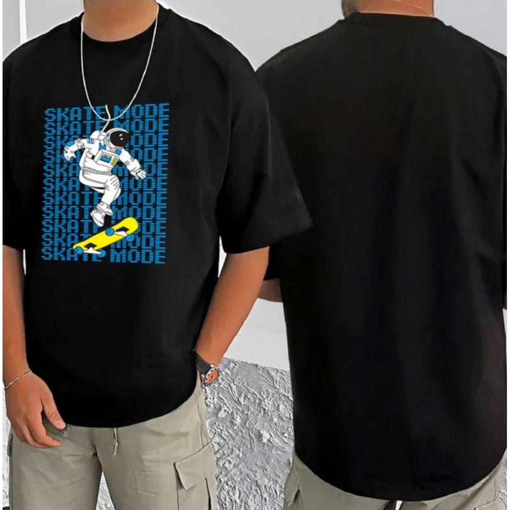 Men's Casual Cotton Blend Printed Round Neck Half Sleeve T-Shirt (Black)