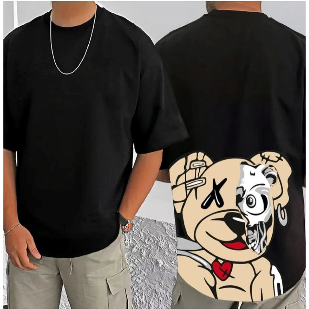 Men's Casual Cotton Blend Printed Round Neck Half Sleeve T-Shirt (Black)