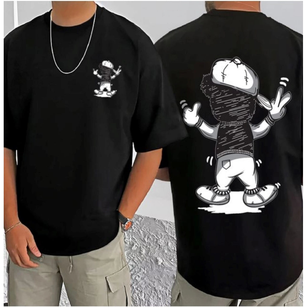 Men's Casual Cotton Blend Printed Round Neck Half Sleeve T-Shirt (Black)