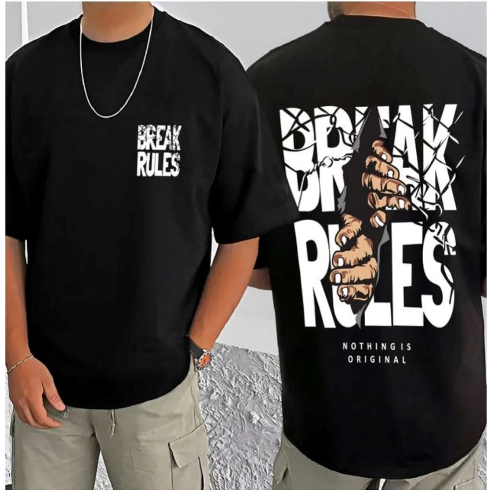 Men's Casual Cotton Blend Printed Round Neck Half Sleeve T-Shirt (Black)