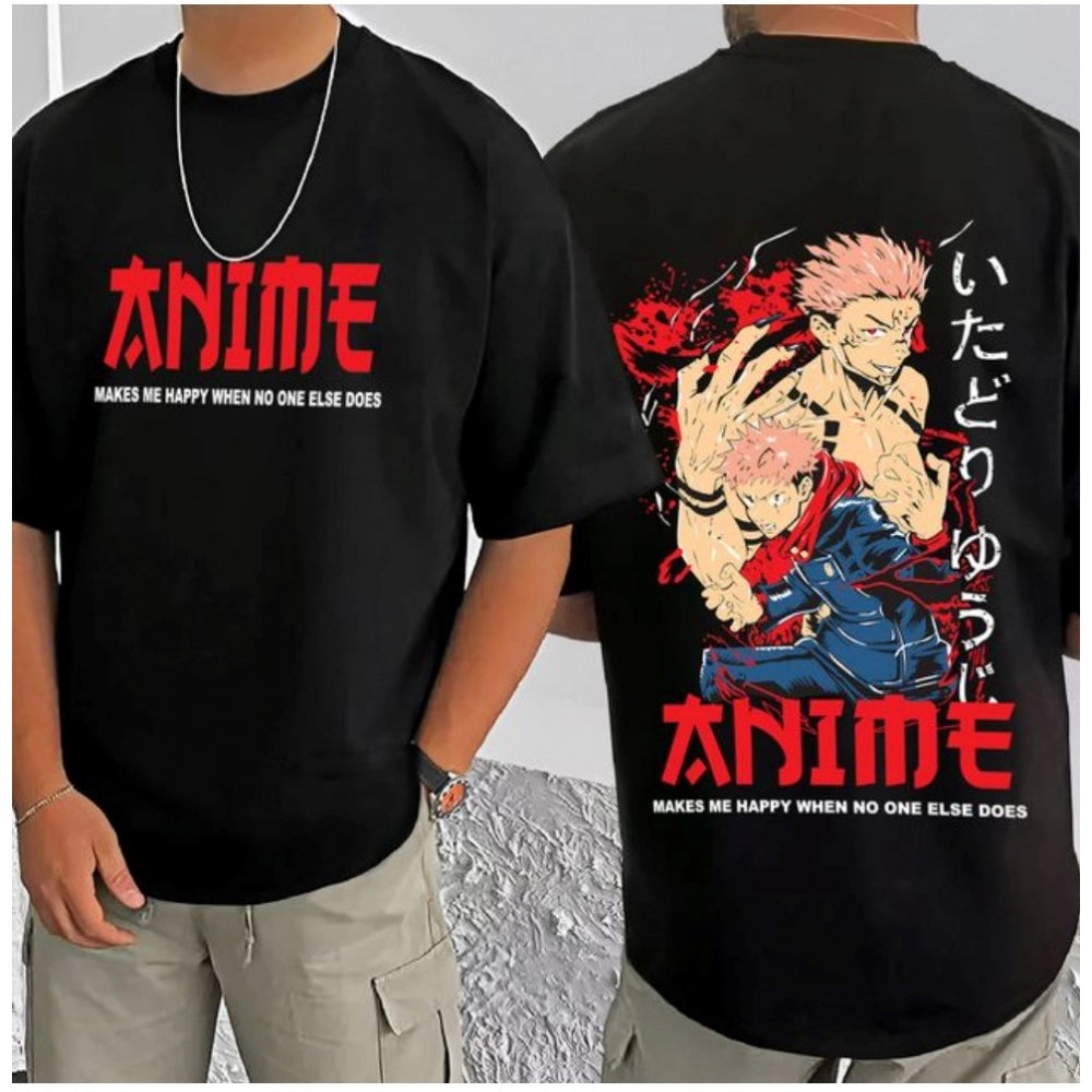 Men's Casual Cotton Blend Printed Round Neck Half Sleeve T-Shirt (Black)