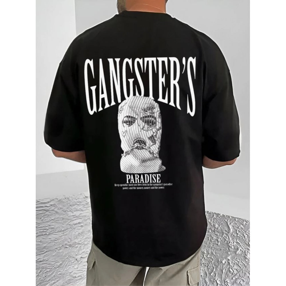 Men's Casual Cotton Blend Printed Round Neck Half Sleeve T-Shirt (Black)