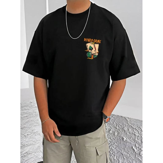 Men's Casual Cotton Blend Printed Round Neck Half Sleeve T-Shirt (Black)