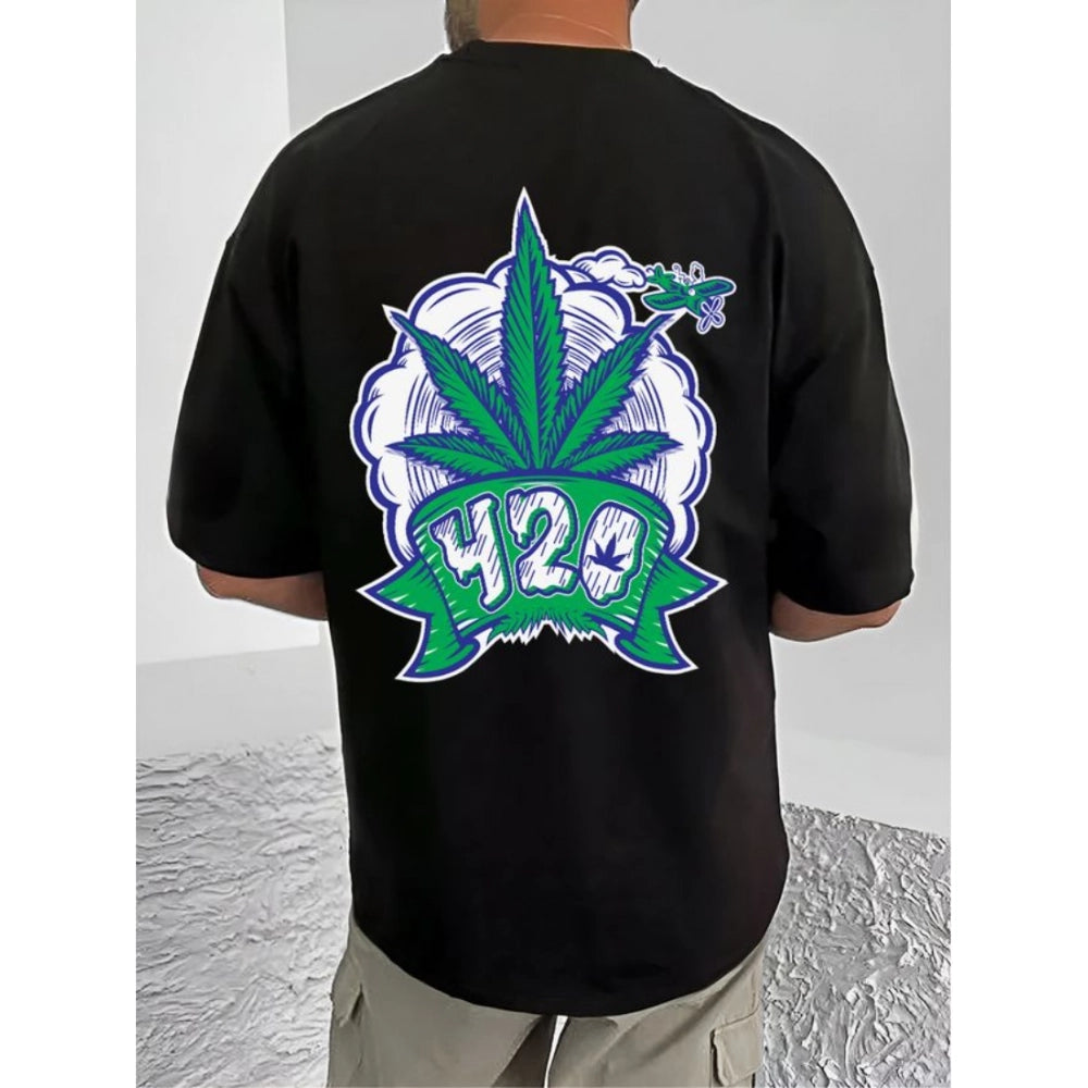 Men's Casual Cotton Blend Printed Round Neck Half Sleeve T-Shirt (Black)