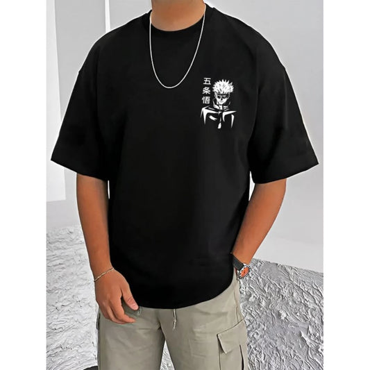 Men's Casual Cotton Blend Printed Round Neck Half Sleeve T-Shirt (Black)