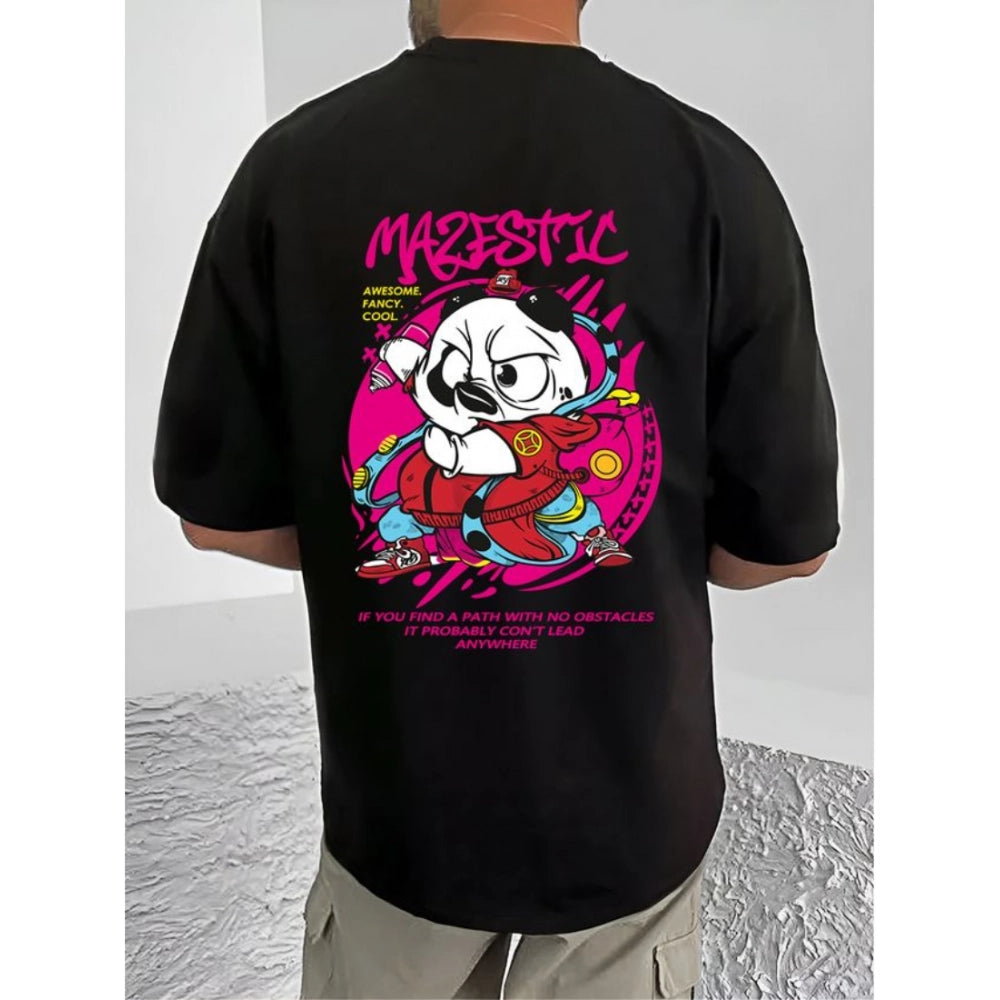 Men's Casual Cotton Blend Printed Round Neck Half Sleeve T-Shirt (Black)