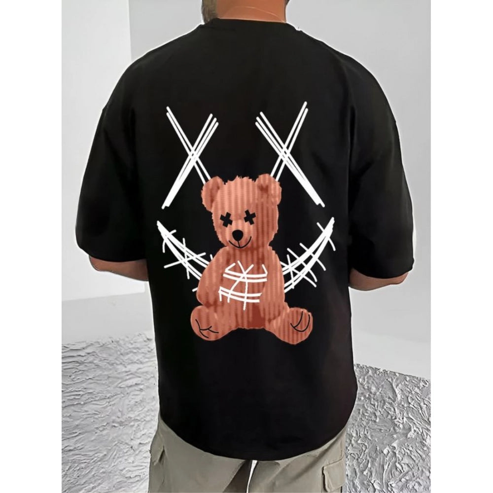 Men's Casual Cotton Blend Printed Round Neck Half Sleeve T-Shirt (Black)