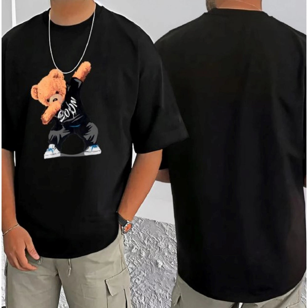 Men's Casual Cotton Blend Printed Round Neck Half Sleeve T-Shirt (Black)