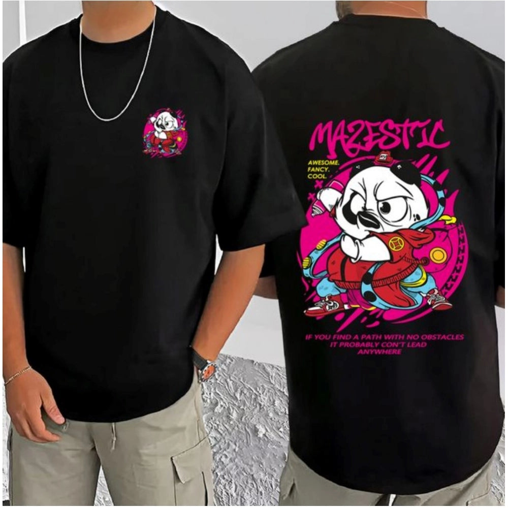 Men's Casual Cotton Blend Printed Round Neck Half Sleeve T-Shirt (Black)