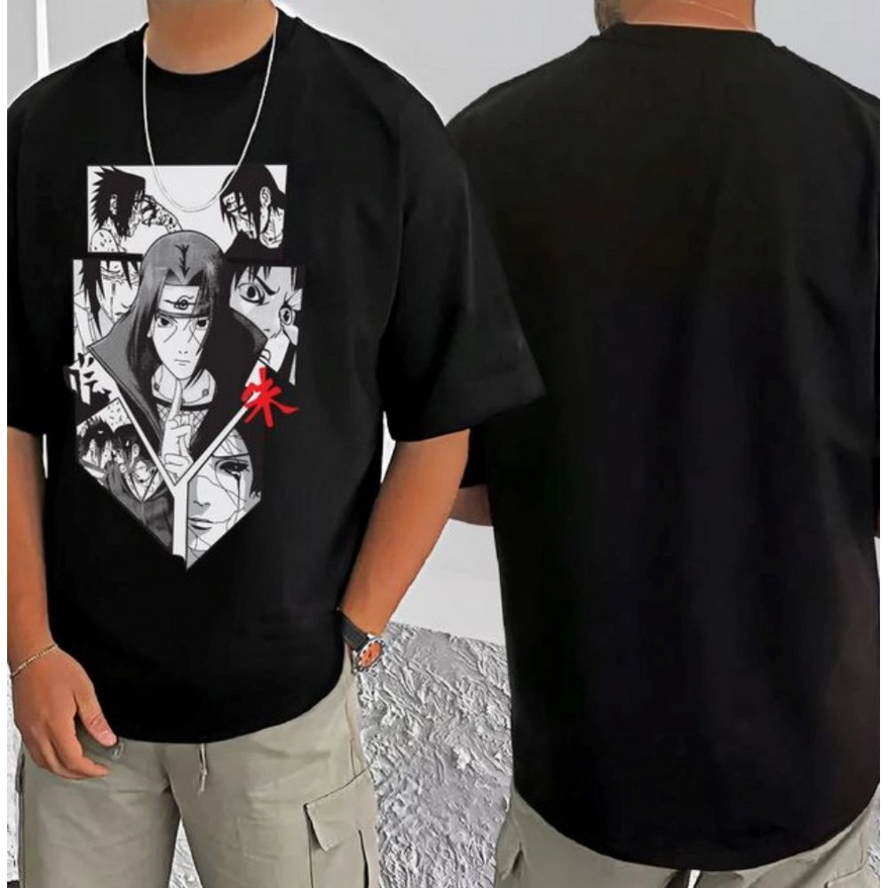 Men's Casual Cotton Blend Printed Round Neck Half Sleeve T-Shirt (Black)