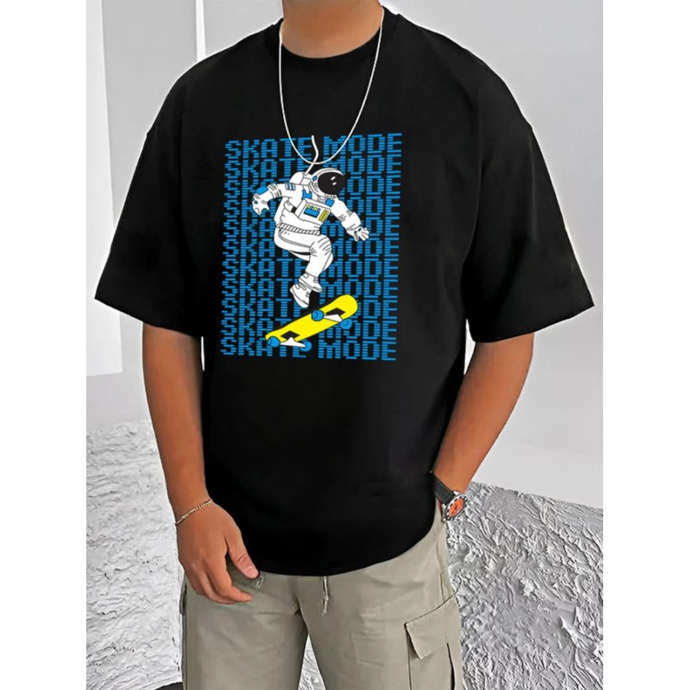 Men's Casual Cotton Blend Printed Round Neck Half Sleeve T-Shirt (Black)