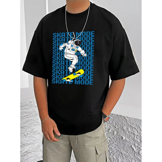 Men's Casual Cotton Blend Printed Round Neck Half Sleeve T-Shirt (Black)