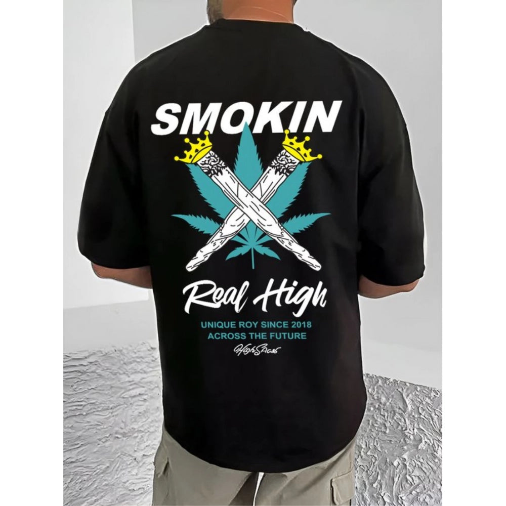 Men's Casual Cotton Blend Printed Round Neck Half Sleeve T-Shirt (Black)