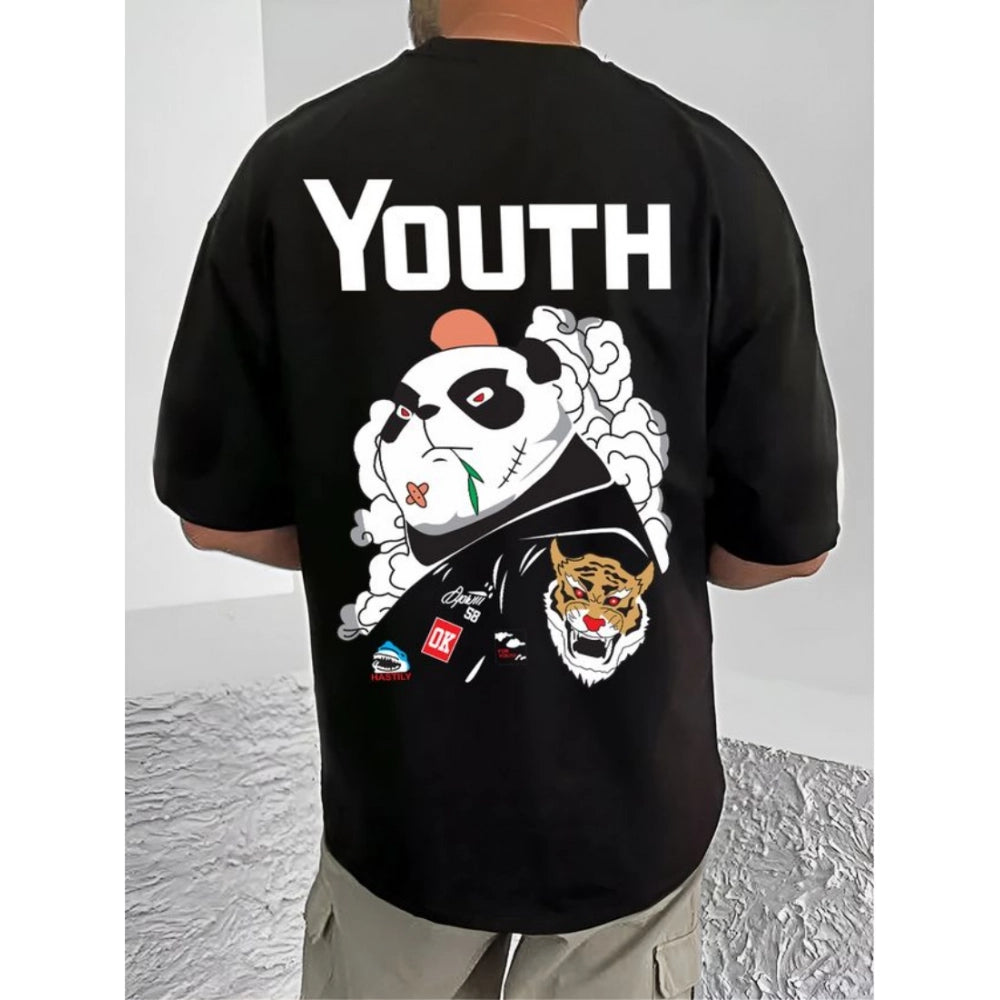 Men's Casual Cotton Blend Printed Round Neck Half Sleeve T-Shirt (Black)