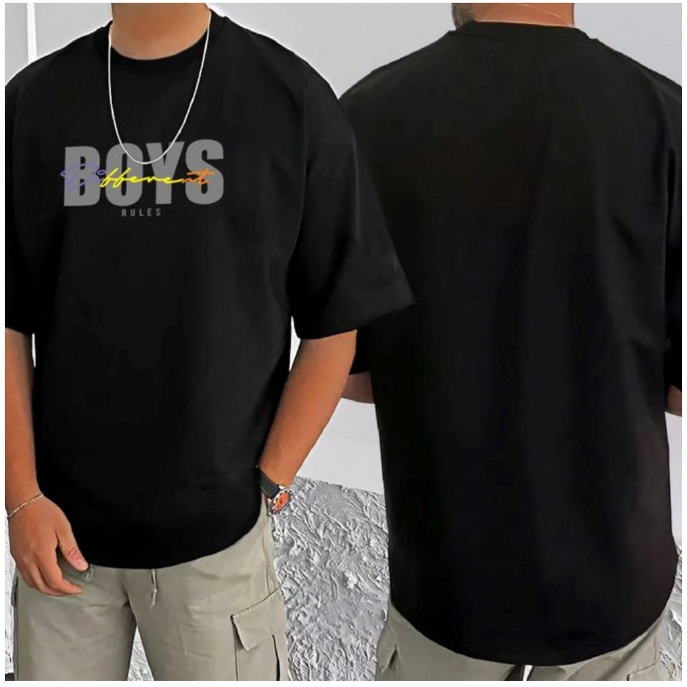 Men's Casual Cotton Blend Printed Round Neck Half Sleeve T-Shirt (Black)