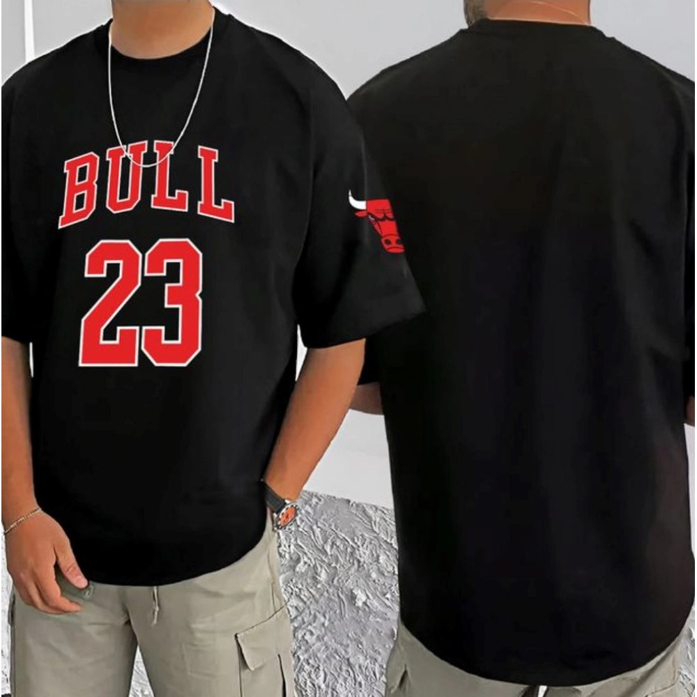 Men's Casual Cotton Blend Printed Round Neck Half Sleeve T-Shirt (Black)