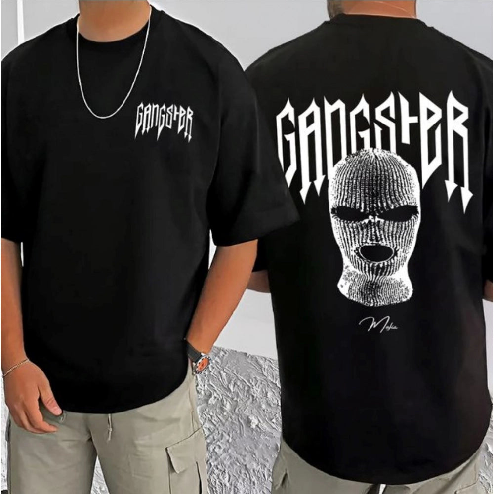 Men's Casual Cotton Blend Printed Round Neck Half Sleeve T-Shirt (Black)