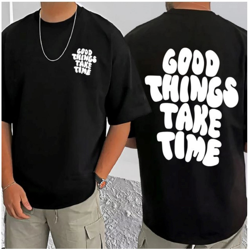 Men's Casual Cotton Blend Printed Round Neck Half Sleeve T-Shirt (Black)