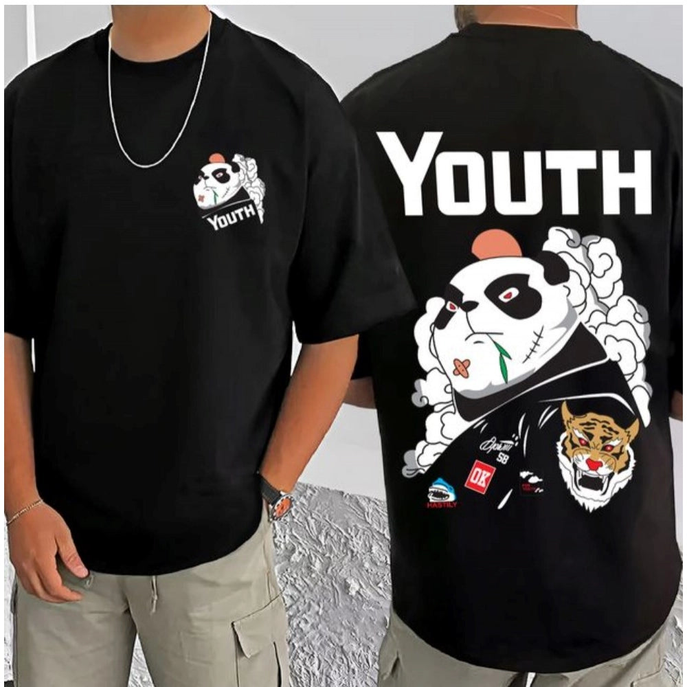 Men's Casual Cotton Blend Printed Round Neck Half Sleeve T-Shirt (Black)