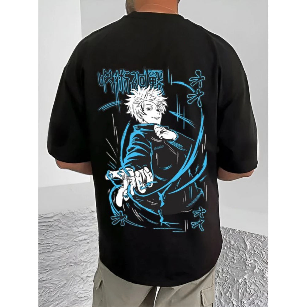 Men's Casual Cotton Blend Printed Round Neck Half Sleeve T-Shirt (Black)