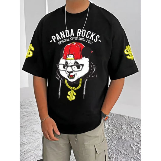 Men's Casual Cotton Blend Printed Round Neck Half Sleeve T-Shirt (Black)