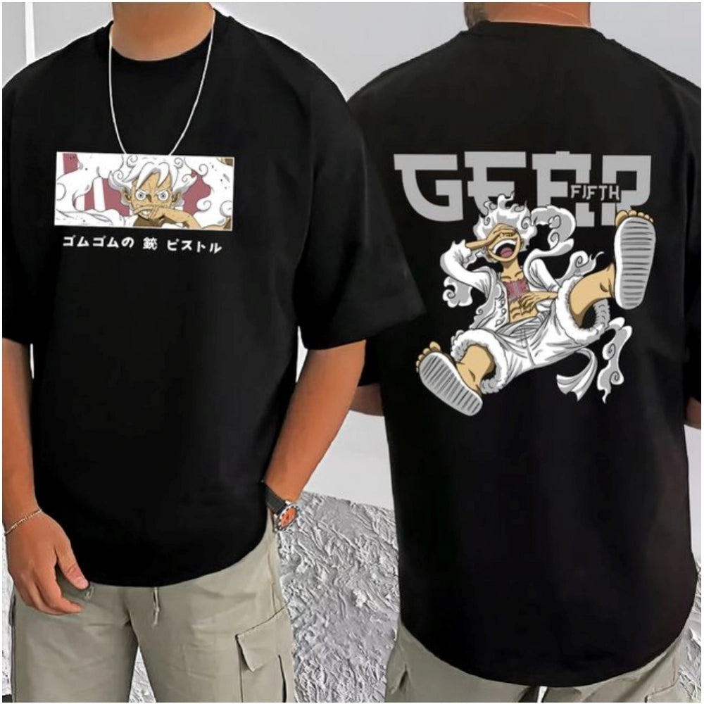 Men's Casual Cotton Blend Printed Round Neck Half Sleeve T-Shirt (Black)