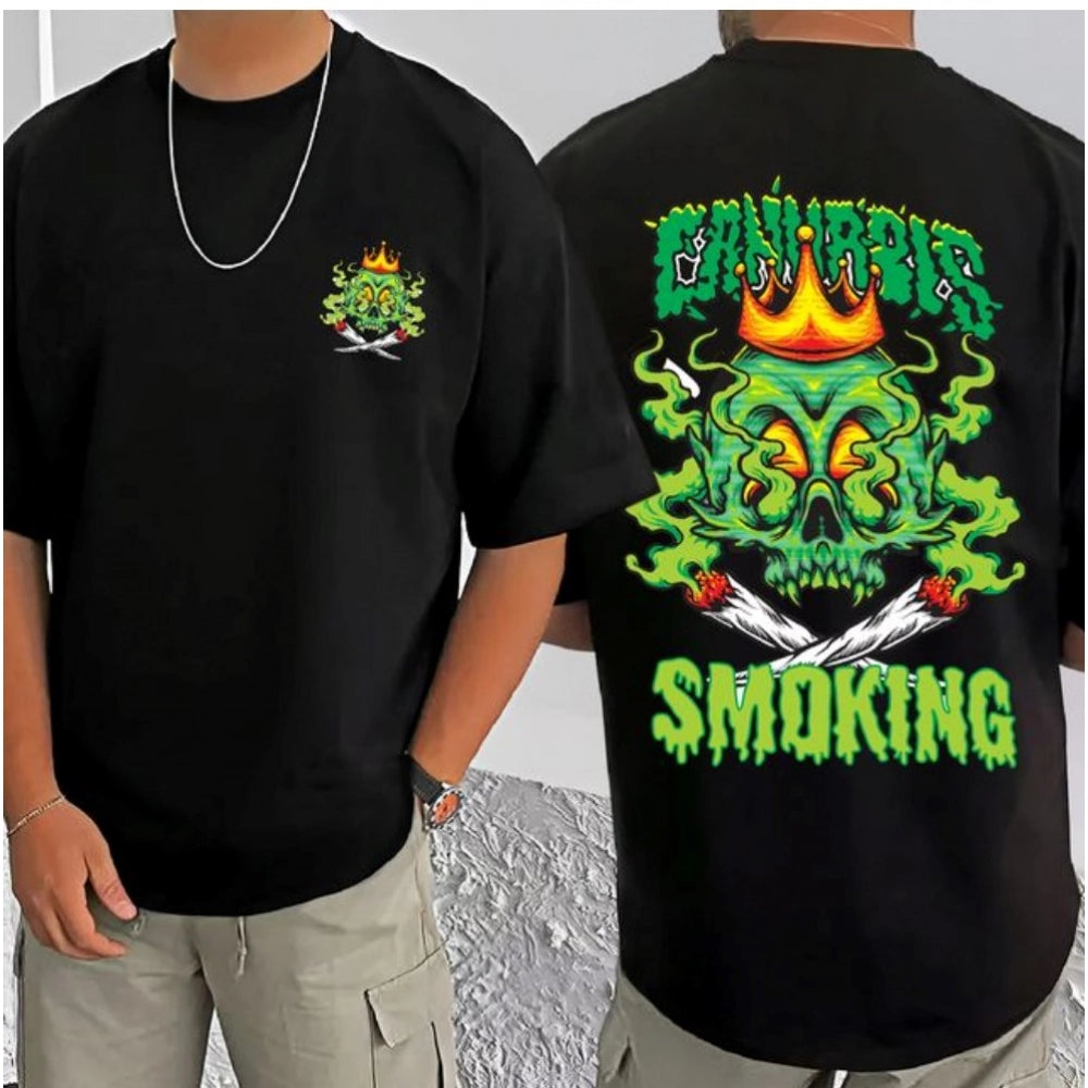 Men's Casual Cotton Blend Printed Round Neck Half Sleeve T-Shirt (Black)