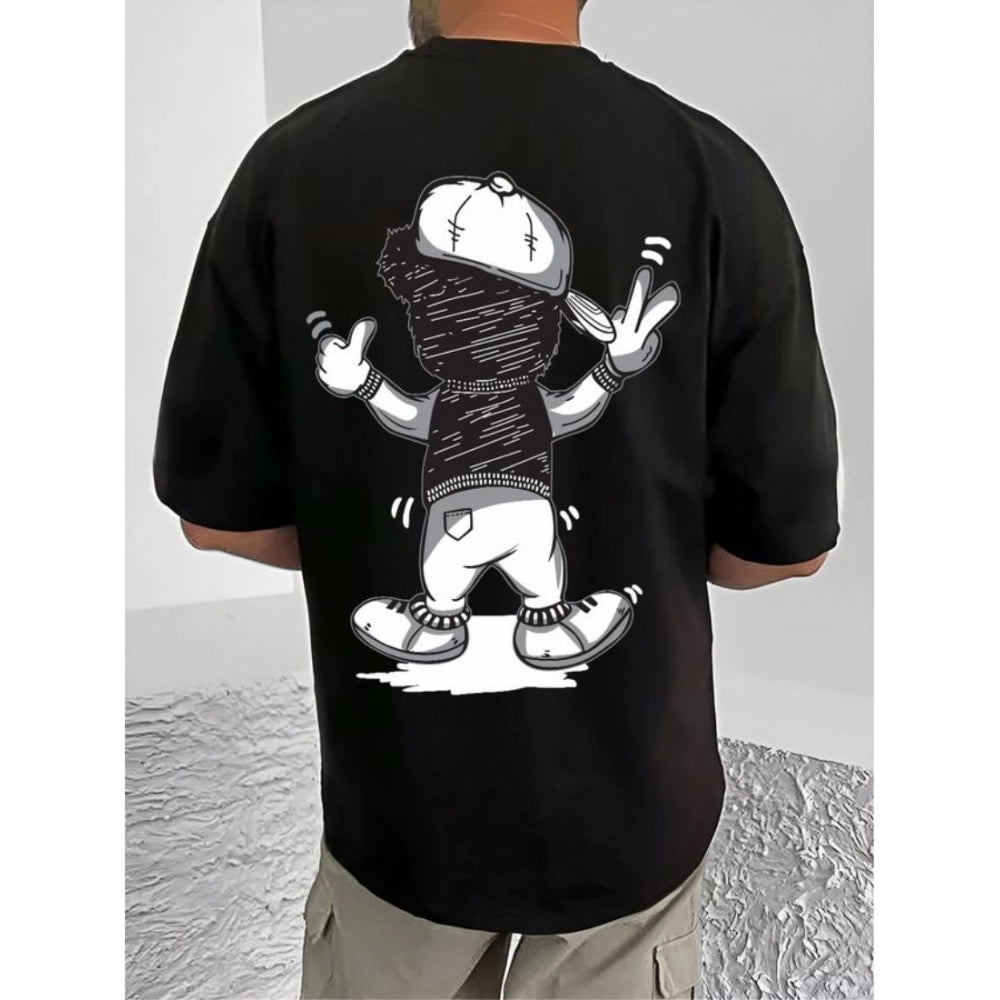 Men's Casual Cotton Blend Printed Round Neck Half Sleeve T-Shirt (Black)