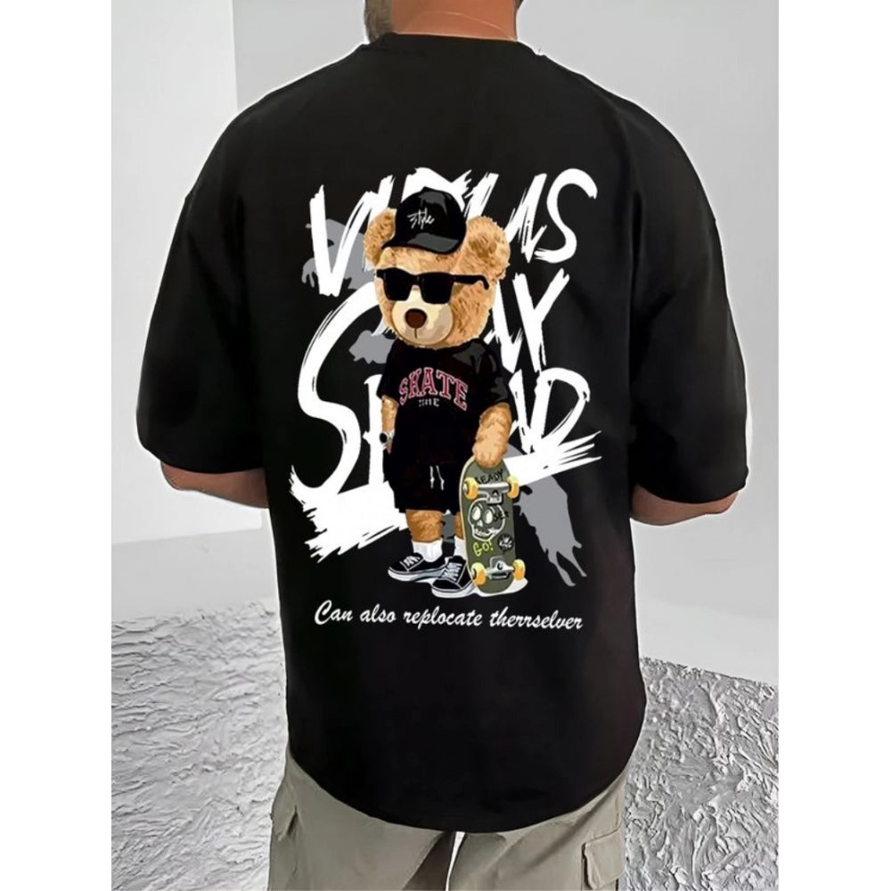 Men's Casual Cotton Blend Printed Round Neck Half Sleeve T-Shirt (Black)