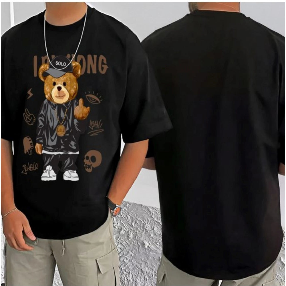 Men's Casual Cotton Blend Printed Round Neck Half Sleeve T-Shirt (Black)