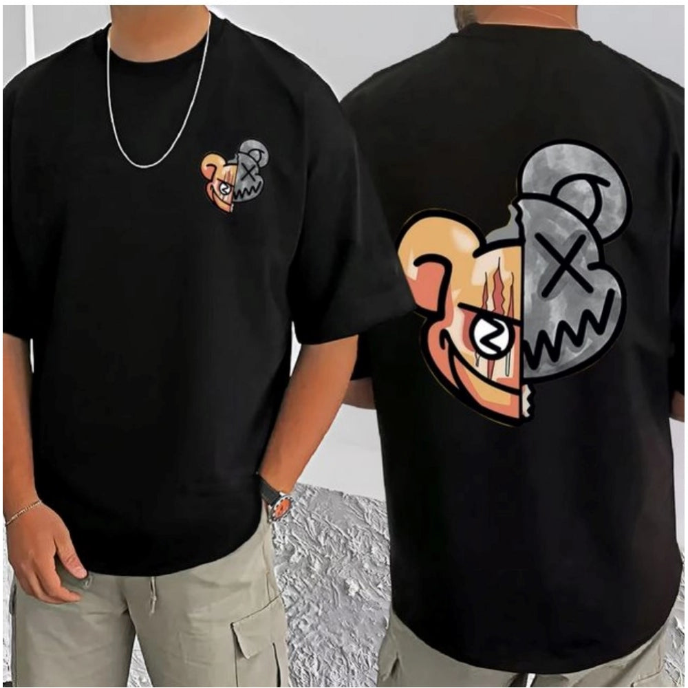 Men's Casual Cotton Blend Printed Round Neck Half Sleeve T-Shirt (Black)