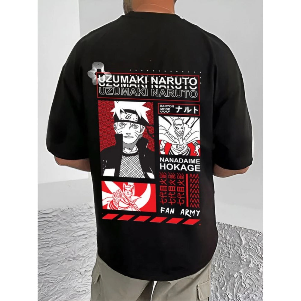 Men's Casual Cotton Blend Printed Round Neck Half Sleeve T-Shirt (Black)