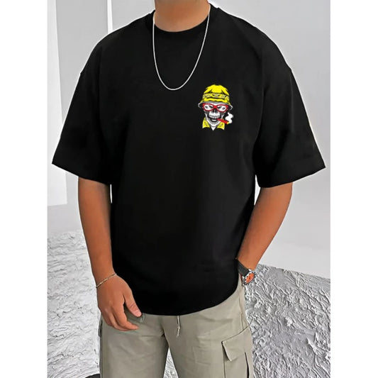 Men's Casual Cotton Blend Printed Round Neck Half Sleeve T-Shirt (Black)