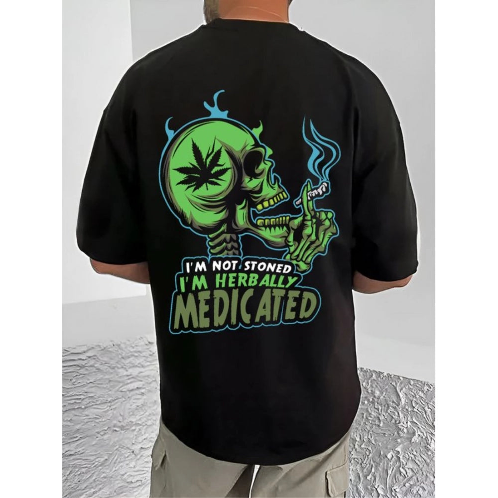 Men's Casual Cotton Blend Printed Round Neck Half Sleeve T-Shirt (Black)