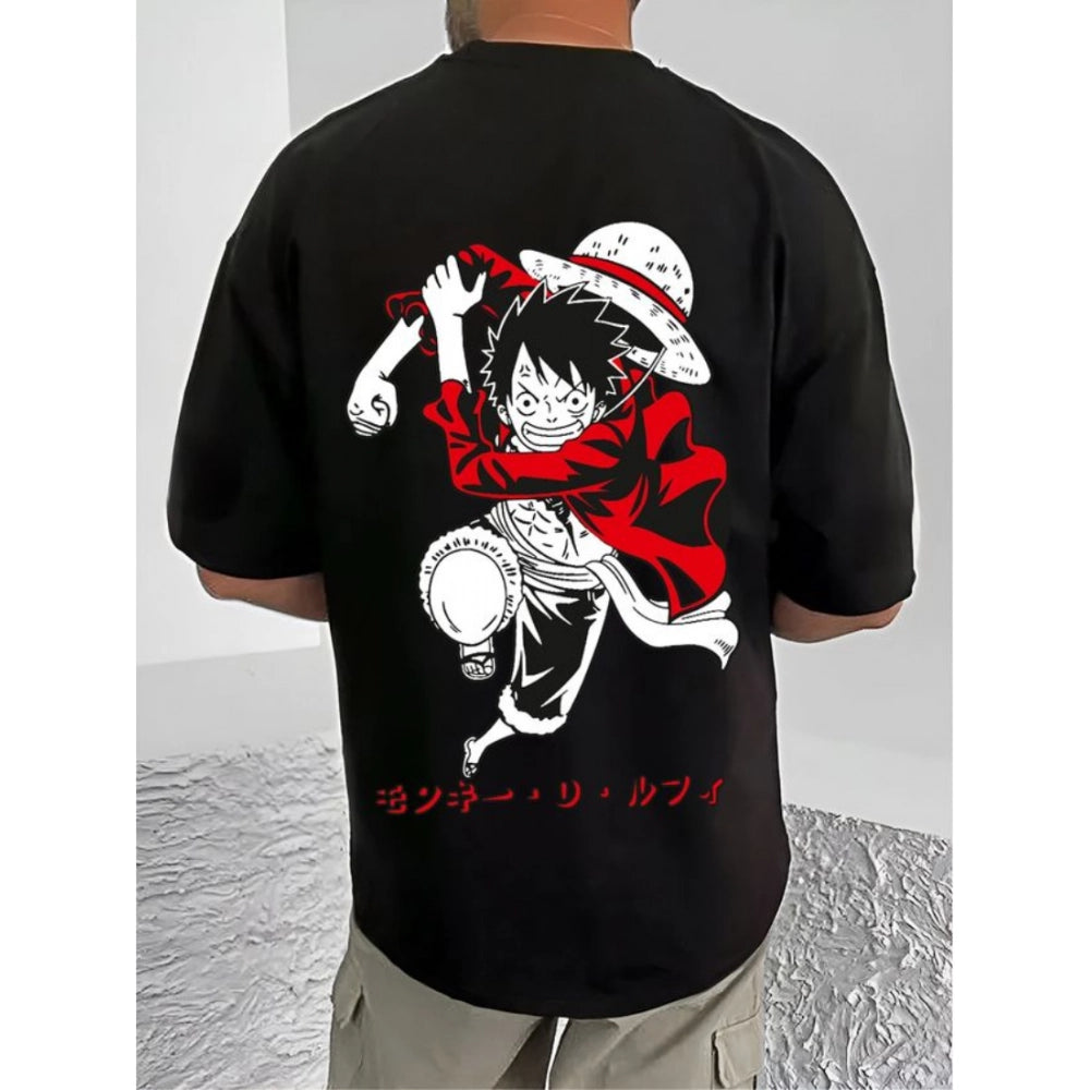 Men's Casual Cotton Blend Printed Round Neck Half Sleeve T-Shirt (Black)