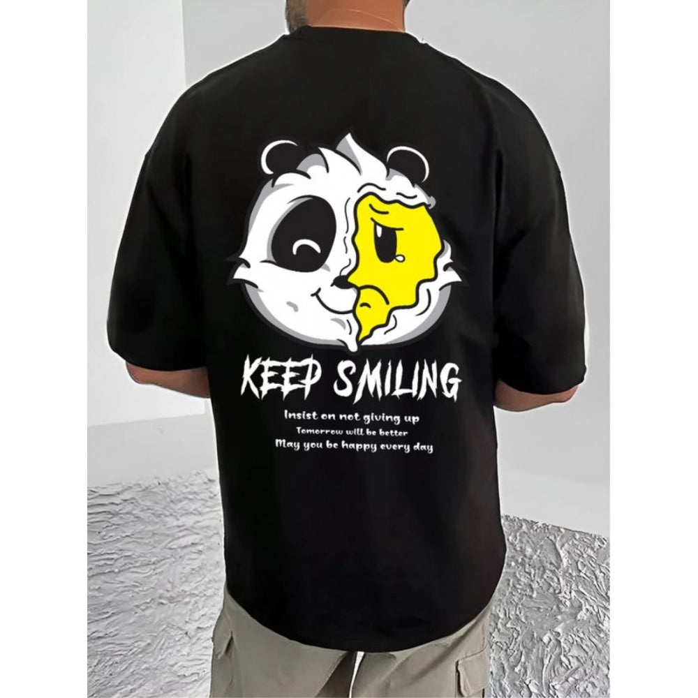 Men's Casual Cotton Blend Printed Round Neck Half Sleeve T-Shirt (Black)