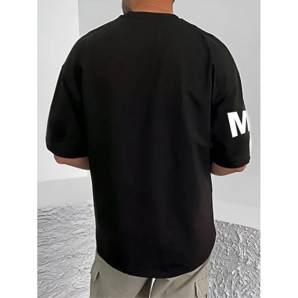 Men's Casual Cotton Blend Printed Round Neck Half Sleeve T-Shirt (Black)