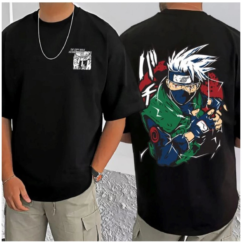 Men's Casual Cotton Blend Printed Round Neck Half Sleeve T-Shirt (Black)