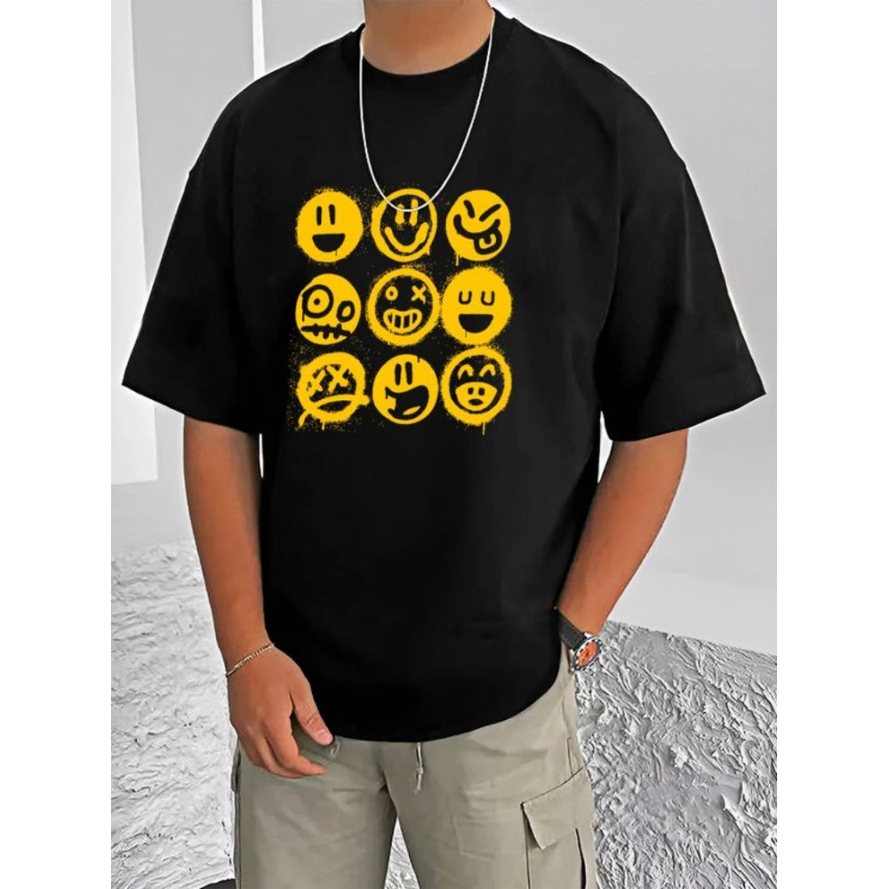 Men's Casual Cotton Blend Printed Round Neck Half Sleeve T-Shirt (Black)