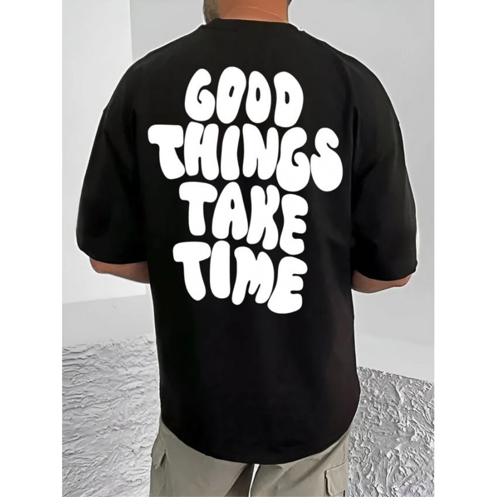 Men's Casual Cotton Blend Printed Round Neck Half Sleeve T-Shirt (Black)