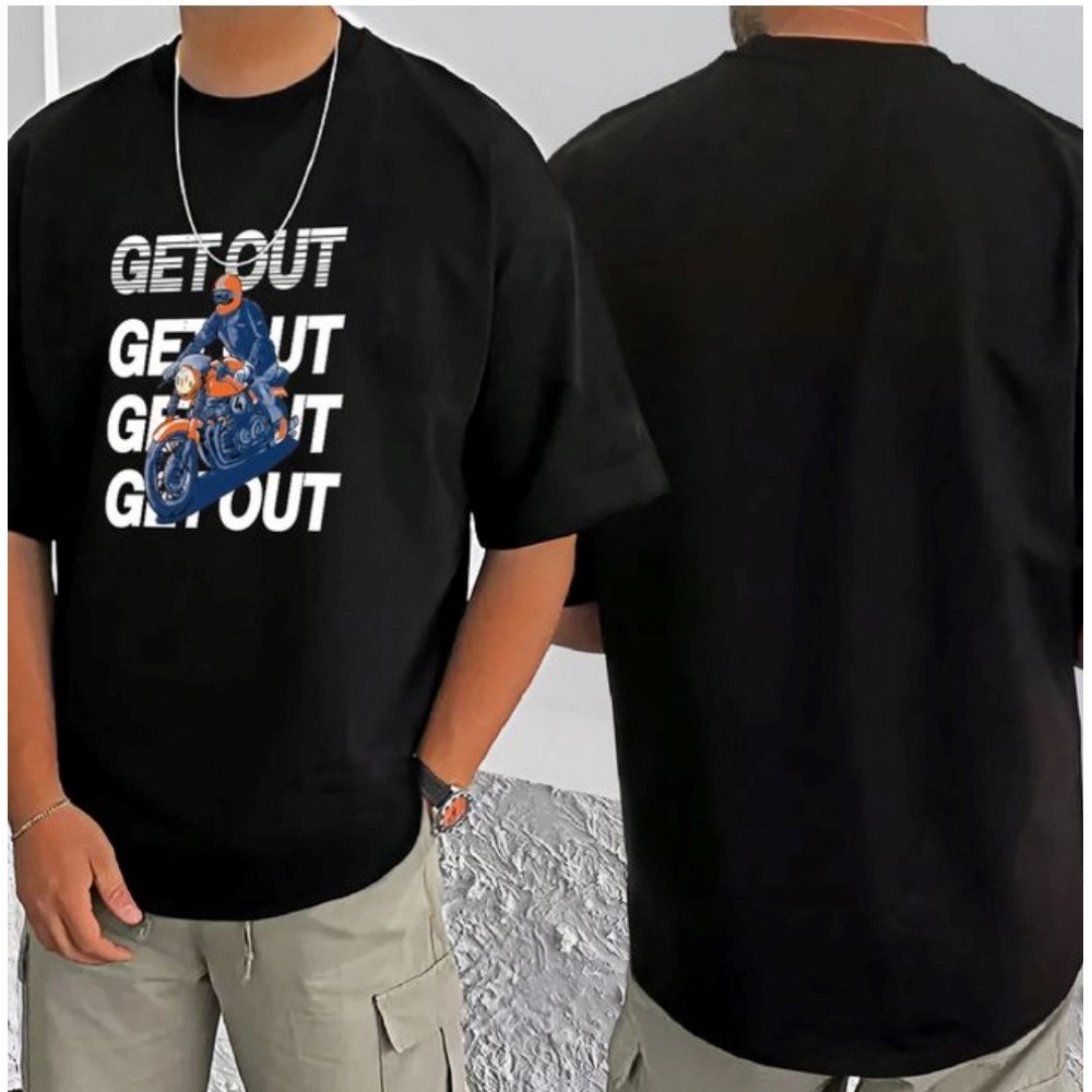 Men's Casual Cotton Blend Printed Round Neck Half Sleeve T-Shirt (Black)