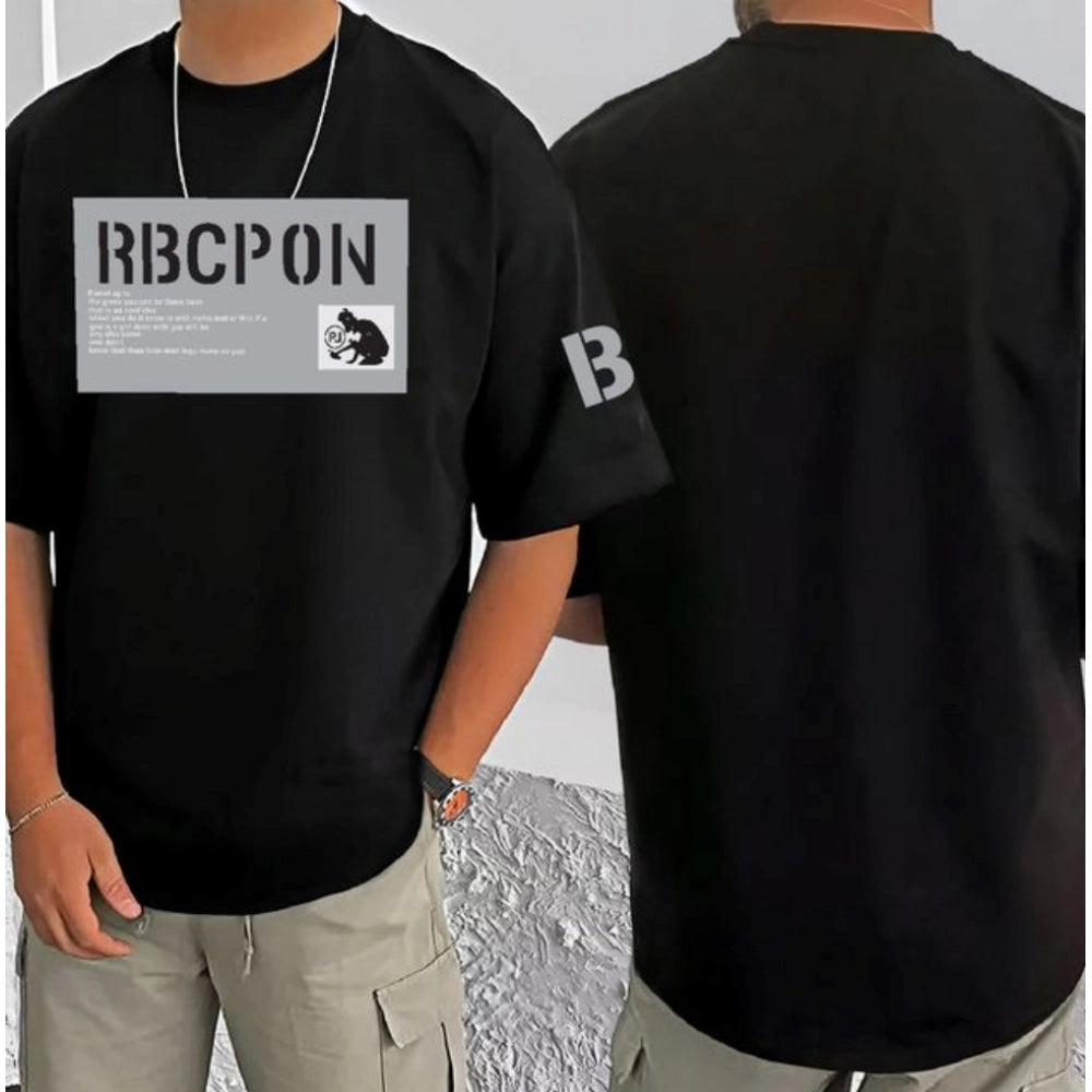 Men's Casual Cotton Blend Printed Round Neck Half Sleeve T-Shirt (Black)