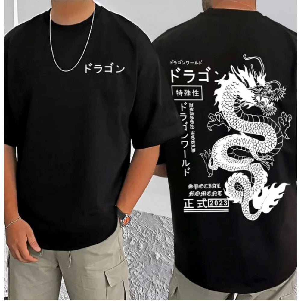 Men's Casual Cotton Blend Printed Round Neck Half Sleeve T-Shirt (Black)