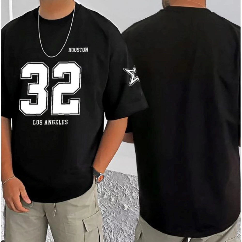 Men's Casual Cotton Blend Printed Round Neck Half Sleeve T-Shirt (Black)