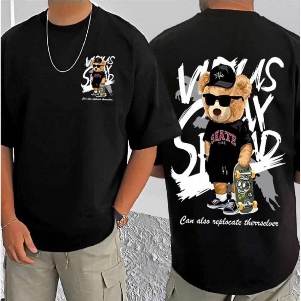 Men's Casual Cotton Blend Printed Round Neck Half Sleeve T-Shirt (Black)