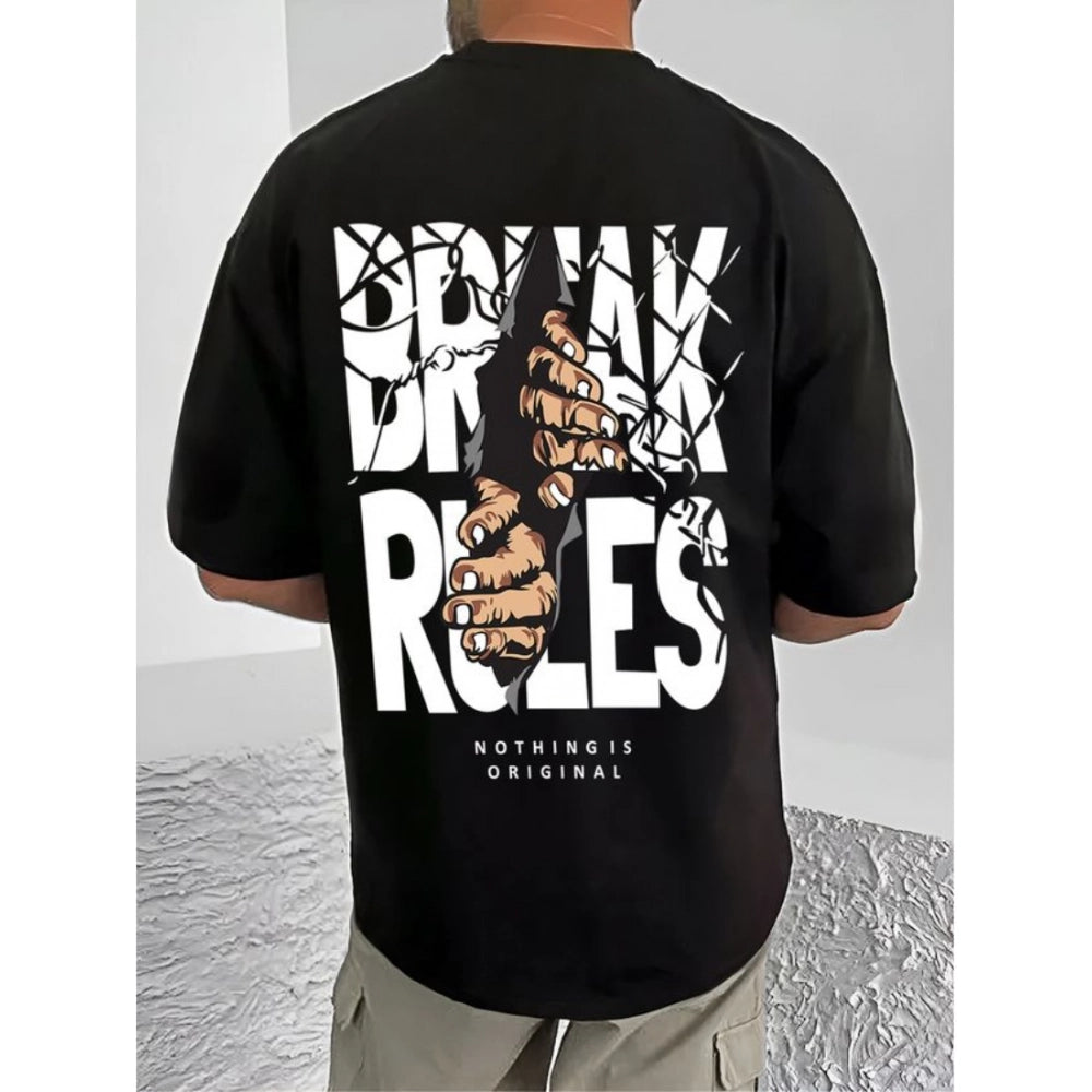 Men's Casual Cotton Blend Printed Round Neck Half Sleeve T-Shirt (Black)