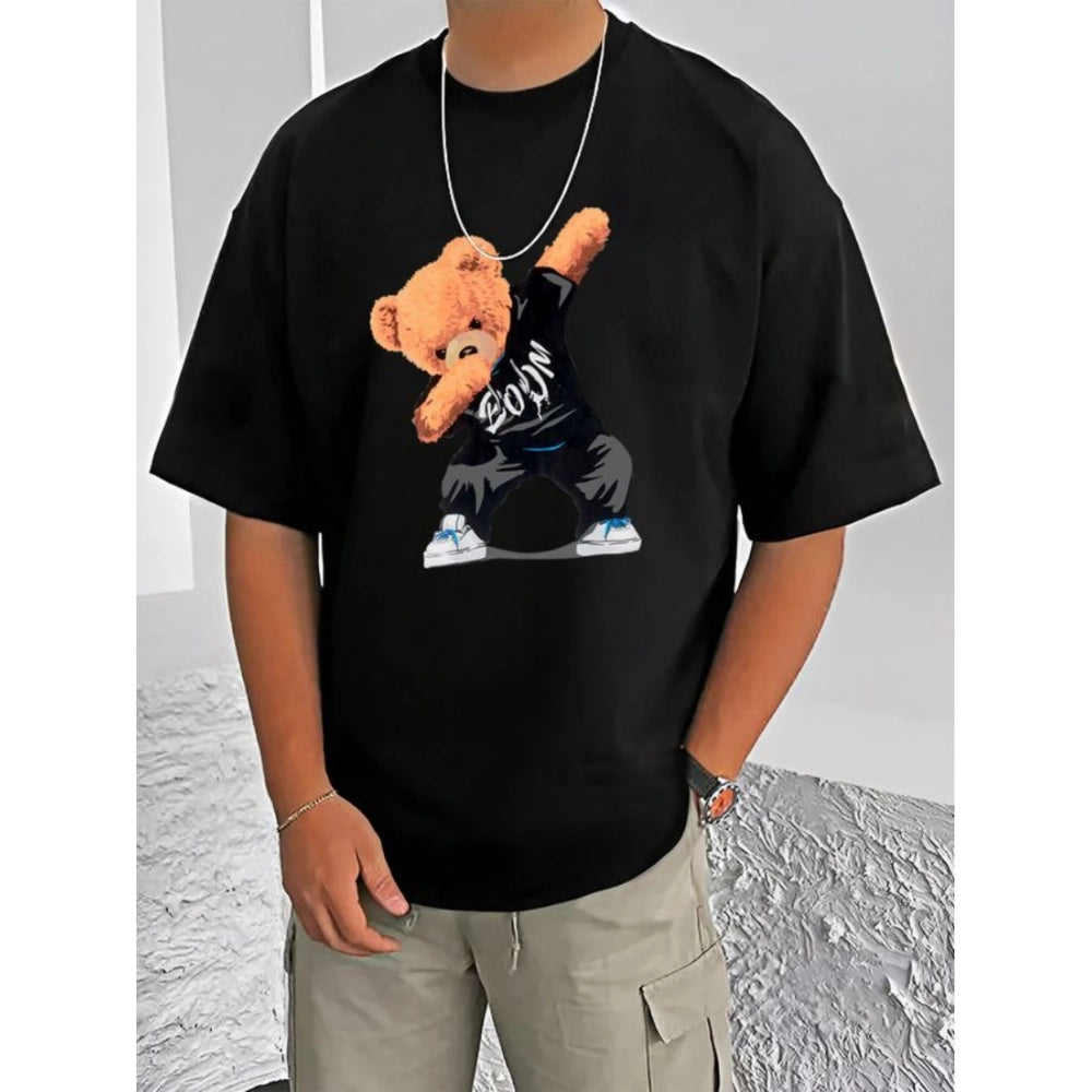 Men's Casual Cotton Blend Printed Round Neck Half Sleeve T-Shirt (Black)