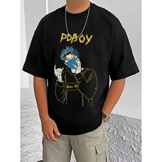 Men's Casual Cotton Blend Printed Round Neck Half Sleeve T-Shirt (Black)